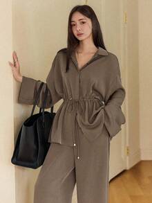 Dazy-Less Bộ 3 món đồ nữ áo khoác cardigan dài không tay dáng rộng thanh lịch, trang nhã, thoải mái khi đi làm và quần ống đứng, phù hợp cho mùa thu, xuân, năm mới, giáng sinh - Cà phê nâu - Xem 8