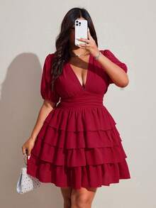 Viva Relle Plus Size Women's Elegant Solid V-Neck Puff Sleeve Layered Ruffle Hem Casual Dress, Suitable For Vacation, Beach, Date, Party, Music Festival, Spring/Summer, Versatile Design