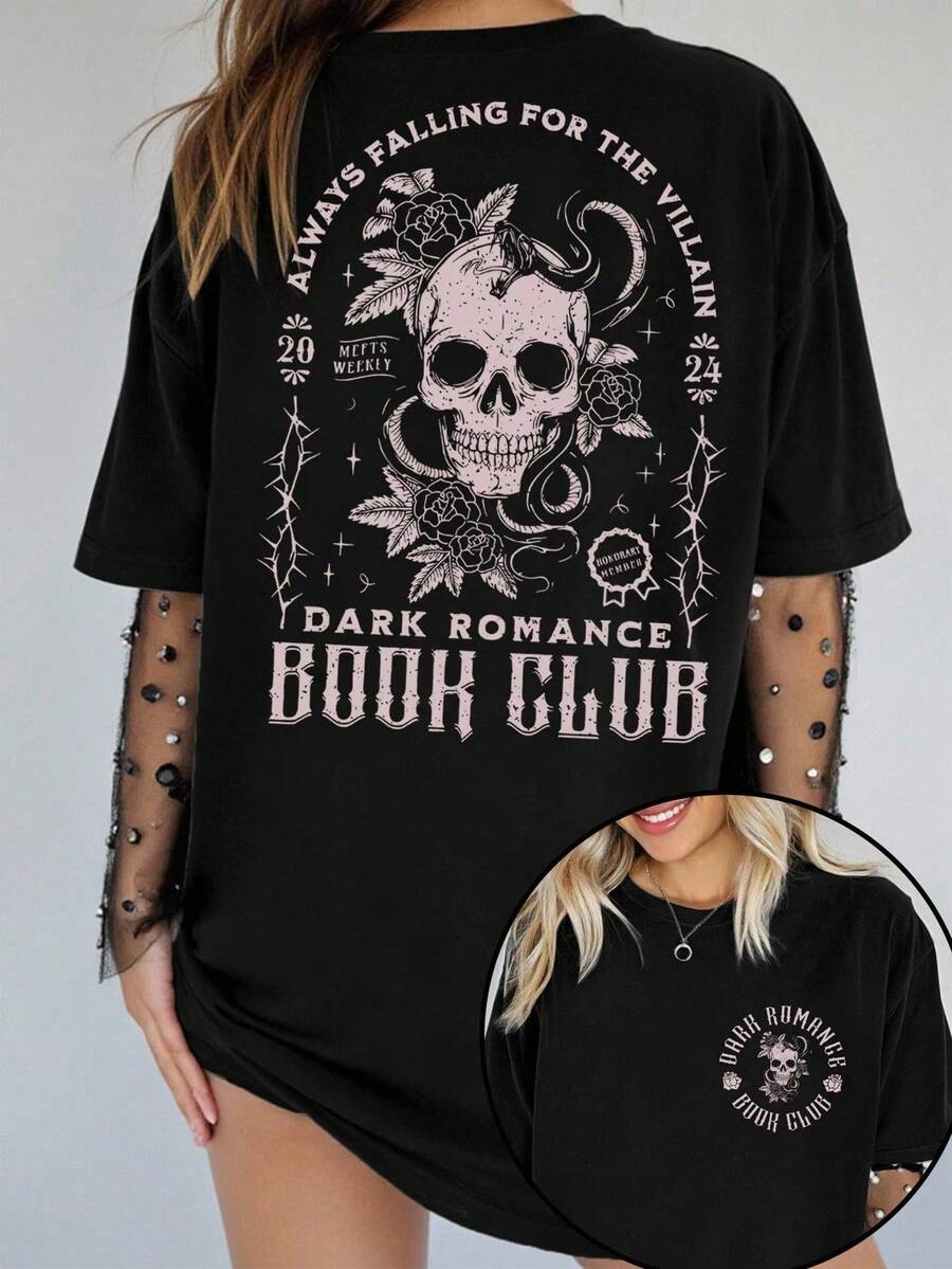 Camiseta holgada informal para mujer, estampada con lemas y patrones de calaveras, perfecta para el estilo callejero de verano. - Negro - Ver 1