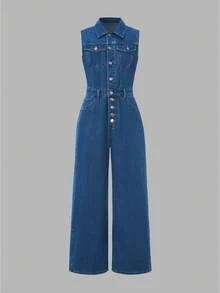 SHEIN MOD Bộ jumpsuit denim nữ không tay, ống rộng, cạp cao, kiểu dáng thường ngày. - Rửa trung bình - Xem 1