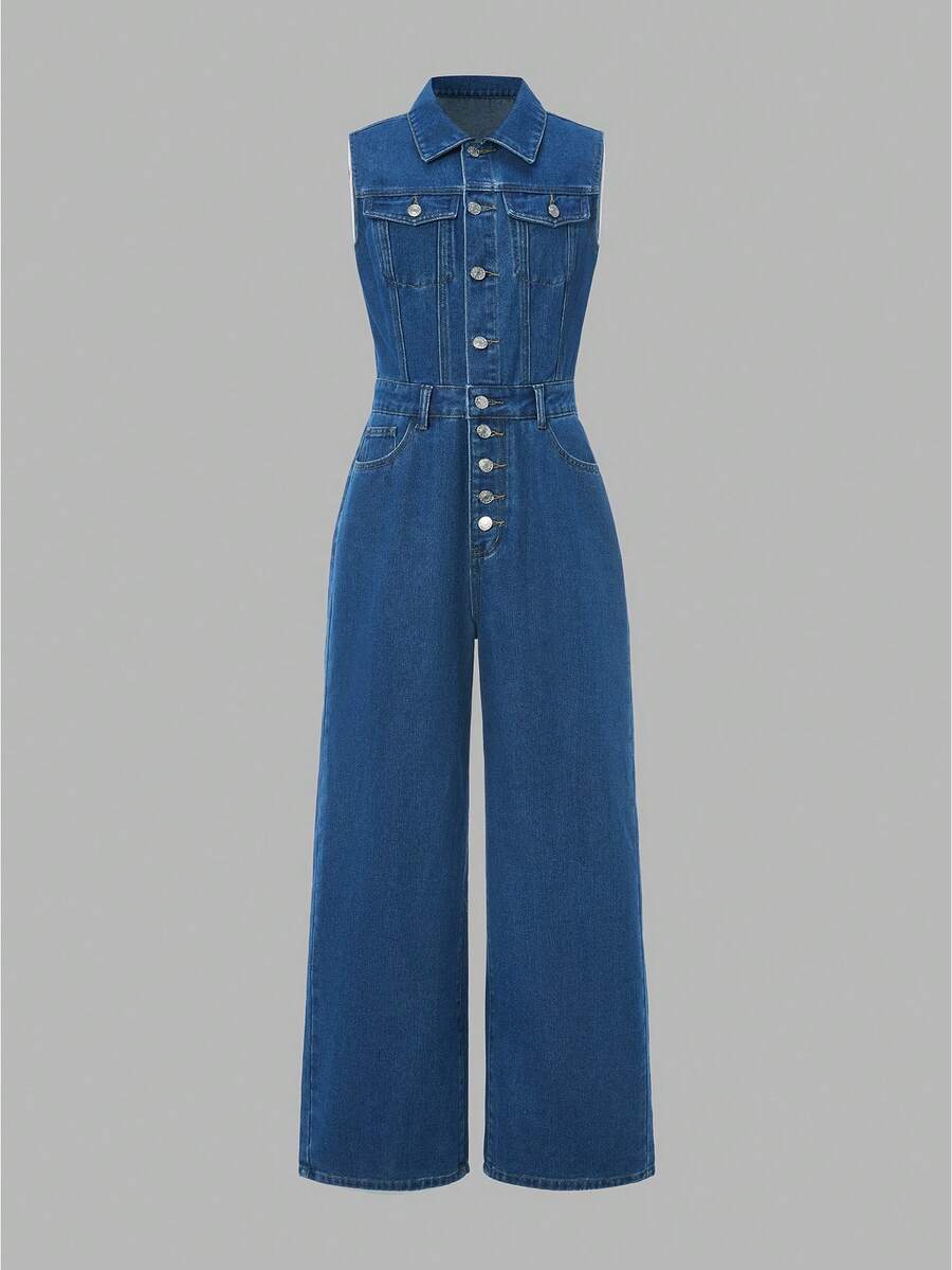 SHEIN MOD Bộ jumpsuit denim nữ không tay, ống rộng, cạp cao, kiểu dáng thường ngày. - Rửa trung bình - Xem 1