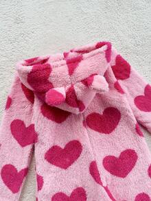 Snug Zone 女童爱心印花法兰绒舒适长袖连帽连体衣 - 粉色 - 查看 5