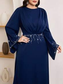 Veilorie Robe élégante plissée avec décoration de strass et manches évasées pour femmes grandes tailles