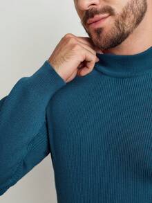 Manfinity CityGents Men's Casual Solid Color Crew Neck Ribbed Knit Sweater, Autumn/Winter - Dusty Blue - View 5