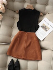 Franclia 1 Set Women's Elegant Black Sleeveless Top And Brown Suede Skirt, Spring/Autumn - Black - View 2