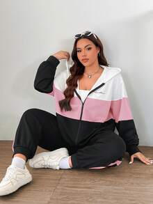 SHEIN EZwear 两件套加大码运动休闲撞色标语印花卫衣外套+运动裤套装，秋冬款 - 彩色 - 查看 5