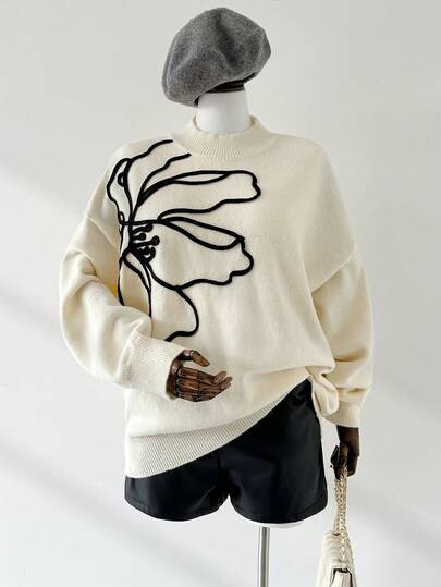 Auralis Suéter de cuello alto de manga larga con estampado floral jacquard, elegante y cómodo, de talla grande para mujer, para otoño/invierno