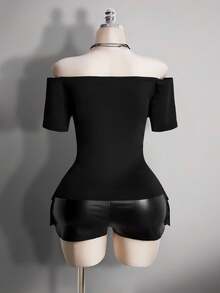 SHEIN ICON 大码复古千禧风 Y2K 性感辣妹时尚个性大胆街头风简约百搭哥特朋克摇滚露肩破洞黑色修身T恤 - 黑色 - 查看 2