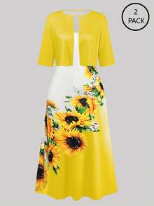 SHEIN EMERY ROSE CURVE 2pcs V-Neck Sleeveless Dress & Short Sleeve Open Front Cardigan Set - Yellow - View 1