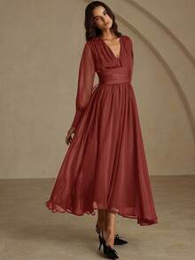 Revavyn Đầm tay dài xòe cổ chữ V bằng vải satin phong cách Âu Mỹ thời trang đa năng, đi làm, thu đông - Hồng - Xem 3