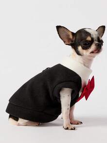 PETSIN 1件宠物大狗金色毛发秋冬新款柯基猫套装宠物连衣裙猫咪服装狗狗用品，黑色背心酒红色领结 - 黑色 - 查看 4