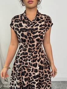 Rafferiza Vestido abotonado de manga corta con cuello, cintura ceñida y estampado de leopardo elegante para mujer - Óxido marrón - Ver 4