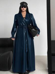 Sunspun Plus Size Lapel Belt A-Line Pocket Long Sleeve PU Windbreaker - Navy Blue - View 2