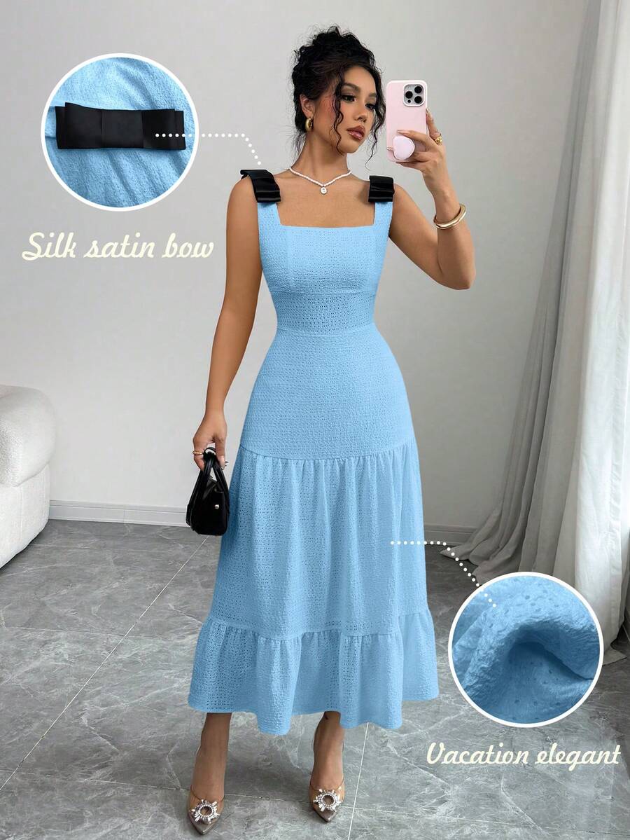 Selianne Colorblock Bow Strap Embroidered Knit Beach Vacation Party Dress - Blue - View 1