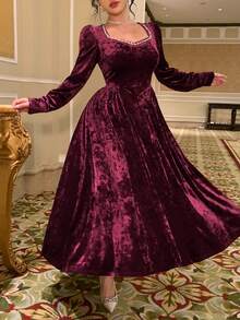 DAZY Women's Sweetheart Collar Raglan Sleeve Waist Cinched Elegant Long Dress - Burgundy - View 7