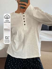 DAZY 女士简约半开襟纽扣装饰家居服上衣 - 白色 - 查看 3