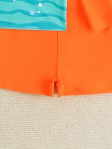 SHEIN 2件装婴儿/幼儿男童可爱鲨鱼印花弹力速干舒适针织泳衣，适合游泳、海滩、泳池、冲浪、度假、夏季 - 亮橙色 - 查看 5