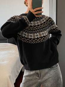 DAZY Áo len dệt kim Jacquard cổ tròn, dáng rộng mềm mại, phong cách retro thoải mái - màu đen - Xem 4