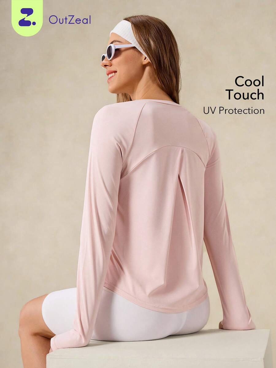 OutZeal 女士户外粉色T恤运动上衣，长袖，防紫外线，凉爽触感，交叉褶裥设计，带拇指孔