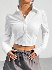 SHEIN EZwear 女士白色梭织收腰修身短款衬衫 - 白色 - 查看 1