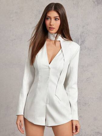 L'Amorae 女士条纹连体裤套装，配围巾，商务休闲优雅办公室装扮