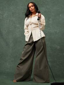 Vixey High Waist Pleated Wide Cuff Wide Leg Office Pants - Army Green - View 3