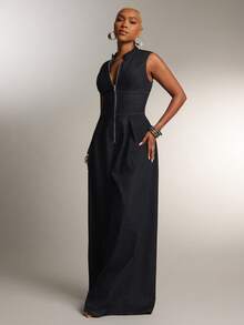 Denimoi Sleeveless Zip Front Wide Leg Denim Jumpsuit - Navy Blue - View 3