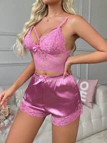 Lace Camisole & Shorts Pajama Set Sexy Sleep Set Satin Lingerie Set
