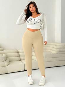 Solflare 大码女式纯色不对称腰休闲紧身裤 - 卡其色 - 查看 5