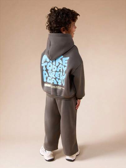  SUMWON Boys Cozy Oversized Hoodie And Jogger Set With Blue Text Graphics Long Sleeve Fleece Tracksuit Casual Wear Kids Winter Sweatsuit Vacation