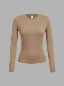 SHEIN Girlism Set de 3 camisetas de manga larga de cuello redondo ajustadas informales para niña preadolescente, adecuadas para otoño/invierno - Caqui - Ver 3