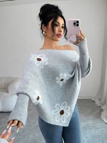 SHEIN Elenzya Áo len chui đầu họa tiết hoa jacquard rộng rãi, viền bất đối xứng dành cho nữ, Thu/Đông - Xám - Xem 6