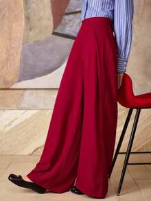 Hansera Pantalones anchos elegantes de pierna ancha con pliegues laterales de unicolor sin estiramiento para mujer, adecuados para uso diario, Día de San Valentín, Navidad, oficina y uso casual. Verano 2026 Navidad Año Nuevo Fiesta Playa para Mujer Casual - Rojo - Ver 5