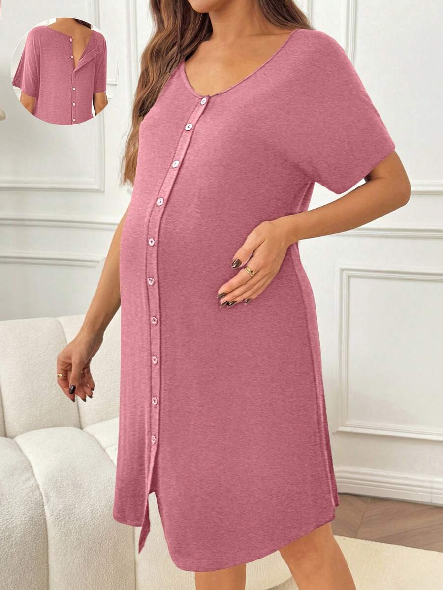 SHEIN 纯色舒适前开襟短袖产妇服 - 紅色 - 查看 1