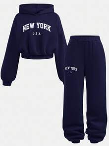 SHEIN Set de 2 piezas de sudadera y pantalón de chándal con estampado de letras de manga larga y cuello redondo para adolescentes - Azul Marino - Ver 14