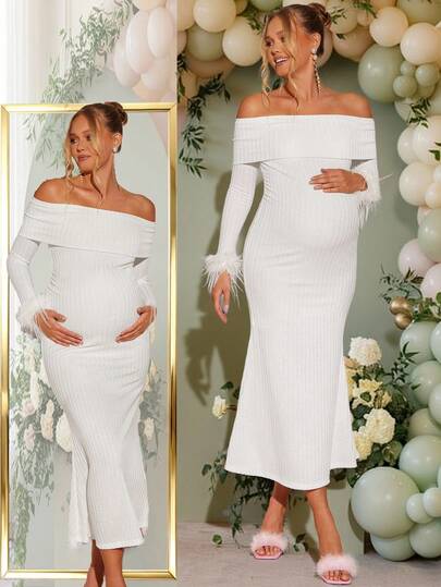 Loomaby 优雅派对纯色露肩美人鱼孕妇装