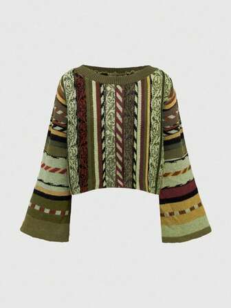 Pull oversize hippie bohème à rayures verticales, pull oversize décontracté à manches évasées et motif rayé style boho, pull oversize pour femmes au quotidien