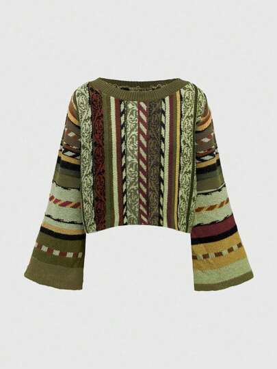 Maglione oversize hippie boho a righe verticali, Maglione oversize casual boho a maniche a zampa con motivo a righe, Maglione oversize da donna casual per tutti i giorni