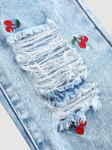 Quần jean xanh nhạt dáng rộng, dễ thương, thêu hoa anh đào, bạc màu, dành cho bé gái, thích hợp cho các kỳ nghỉ xuân hè, lễ hội, quần ống rộng phong cách boho đi biển mùa hè, năm mới, Giáng sinh, quần cho đêm giao thừa, thời trang đường phố vintage, thoải mái và đa năng. - Rửa nhẹ - Xem 3