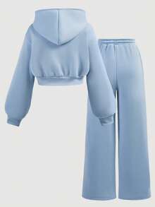 SHEIN Girlism TEENGIRL Blue Hooded Two Pieces Set, Zip-Up Jacket And Relaxed Fit Pants, Collegiate Style Outfit, Back To School, Street Wear Blue Outfit Blue Outfit Set Teen Baby Blue Outfit Girls Blue And White Set Teen With Sweater Pastel Blue Teen Outfits - Blue - View 2