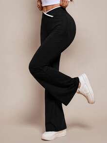 SHEIN PETITE Women Asymmetric Waist Flared Casual Pants - Black - View 5