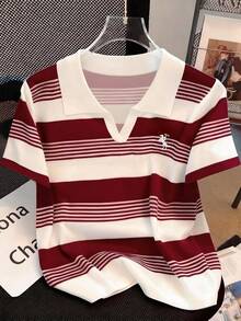 Resyla Striped Digital Print Fashionable & Minimalist Women's Polo Neck T-Shirt, Gift For Friends - White - View 3