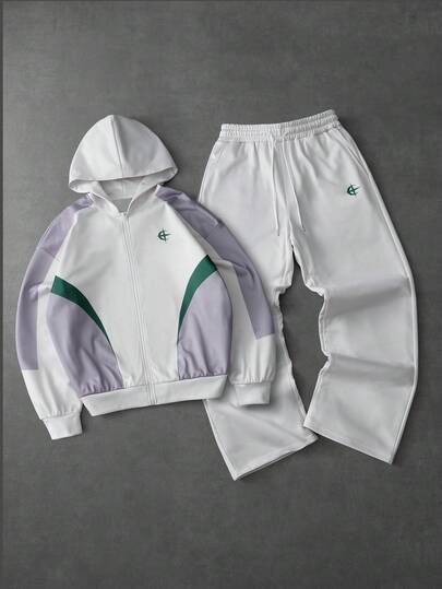 PAVTROS 2pcs Men's Zip-Up Hoodie And Drawstring Pants Set,Y2k,Festival,Vintage,Boys Streetwearnew Year,Men's Multi-Colored Green, White, And Light Purple Color-Blocked Hooded Sweatshirt Set