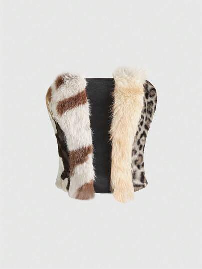 Millennium Babe Vintage Hippie Babe Tierdruck Flauschig Patchwork Damen Top