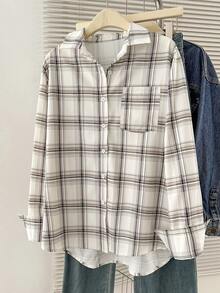 INAWLY 女士格子长袖单排扣休闲口袋衬衫 - 白色 - 查看 3