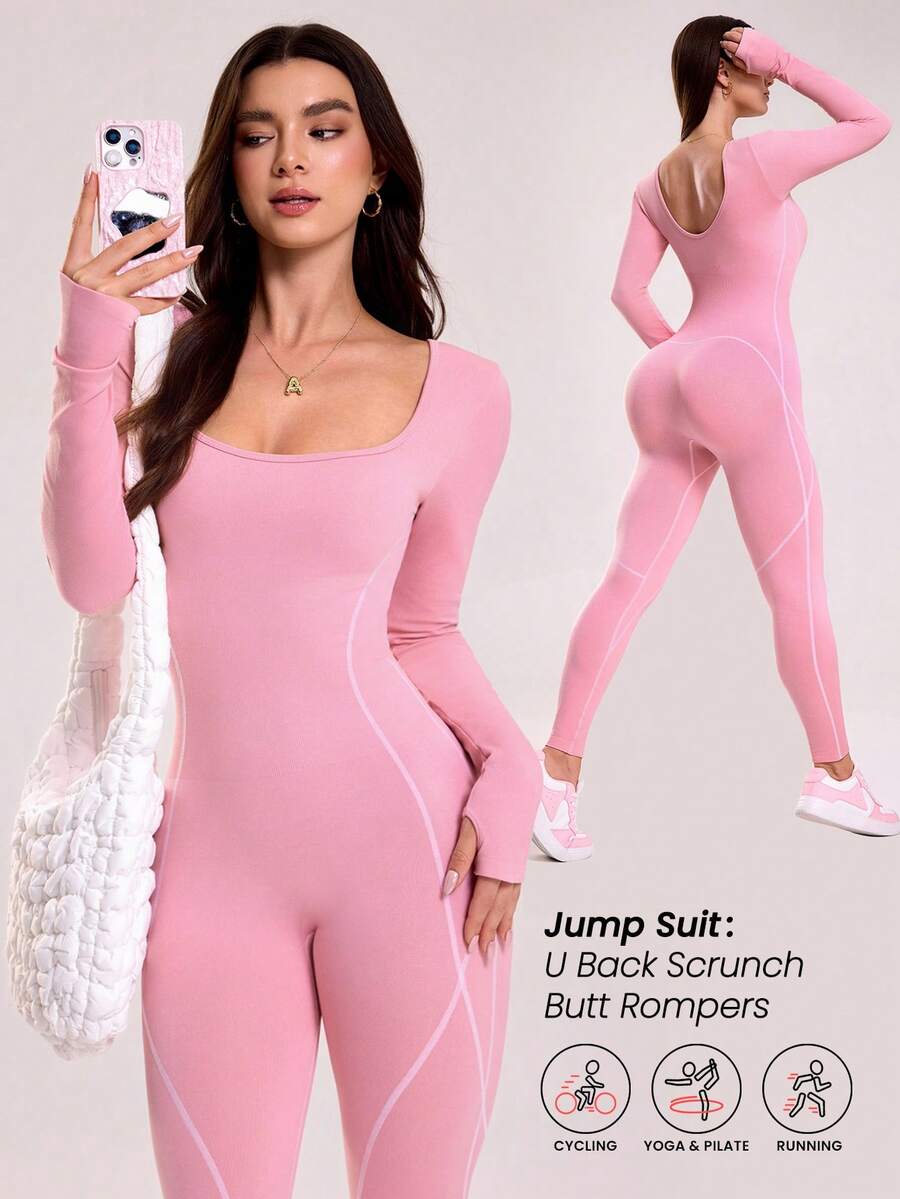 Sovereign Charm 女士无缝长袖露背性感连体裤 - 粉色 - 查看 1