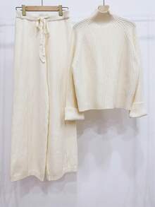 SHEIN LUNE 杏色女士针织衫套装（两件套），罗纹奶油色套头衫和长裤，休闲简约风。 - 米色 - 查看 4