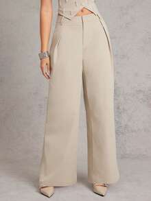 L'Amorae Solid Zip Fly Slant Pocket Wide Leg Pants - Apricot - View 4