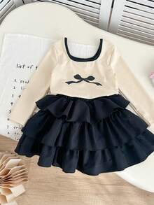 Genkimix Kids 2件套女童蝴蝶结印花休闲时尚船领T恤+纯色休闲时尚蛋糕裙 - 杏色 - 查看 5