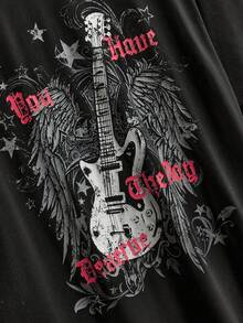 ROMWE Goth 哥特学院风猫咪印花网眼拼接宽松T恤，女款，返校季 - 黑色 - 查看 5